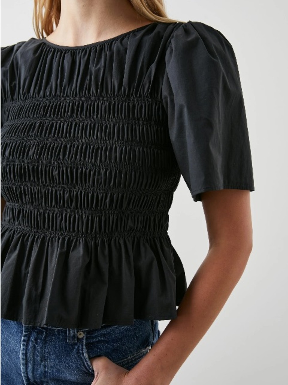 Rails Rosie Smocked Peplum Top - Cropped Lightweight Cotton Poplin Blouse Black